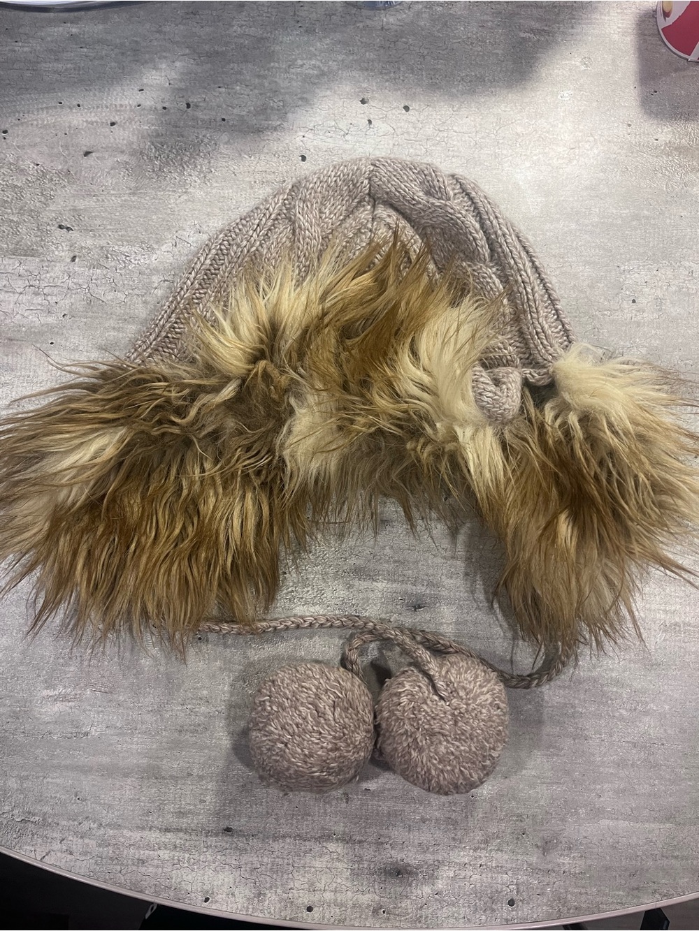 Express Kids Knit Hat with Faux Fur Trim and Pom Poms - Taupe and Brown